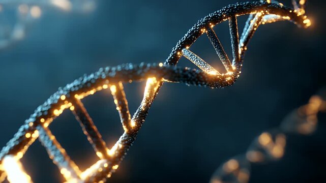 Abstract representation of a glowing double helix dna molecule with intricate details and a dark blue background creating a sense of scientific discovery and innovation - Powered by Adobe