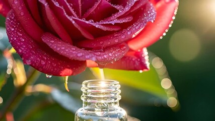 Close up of a vibrant red rose with water droplets falling into a small glass bottle - Powered by Adobe