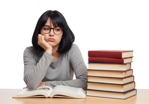 Young woman with glasses looking bored and tired while studying with a stack of books isolated on transparent background - Powered by Adobe
