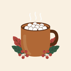 Hot chocolate mug topped with marshmallows, steam rising, winter leaves and berries around, warm solid colors, minimal flat vector.