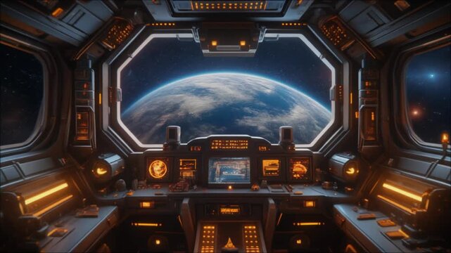 Futuristic Spaceship Cockpit View Earth Orbit Starfield Orange Glow Control Panel Navigation