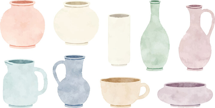 Watercolor Pottery and Ceramic Vases Illustration