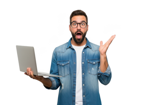 Astonished young man with beard and glasses holding a laptop with an open mouth and raised hand isolated on transparent background