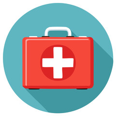 Obraz premium Red First Aid Kit Icon on Teal Background for Medical Health and Emergency Assistance