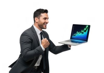 Joyful businessman celebrating financial success while holding a laptop displaying a rising stock market graph isolated on transparent background