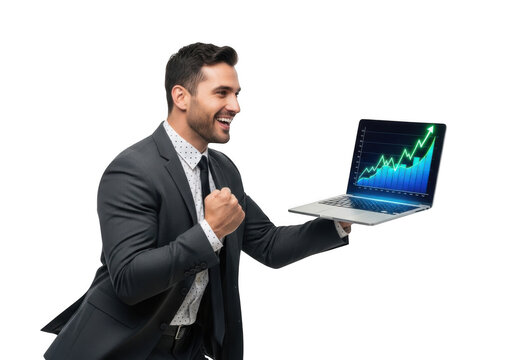 Joyful businessman celebrating financial success while holding a laptop displaying a rising stock market graph isolated on transparent background