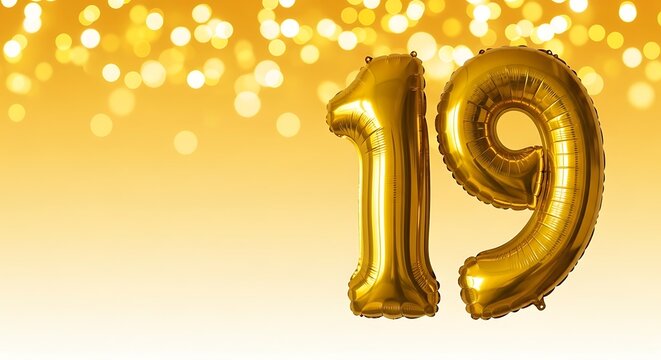 Golden number 19 balloons floating on a bokeh background