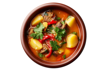 Cazuela chilean Stew pot served in rustic bowl isolated on white transparent background, traditional South American homemade cuisine