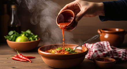 Hand Pouring Thick Red Sauce from a Small Cup over a Steaming Bowl of Pozole Rojo, Served with Cilantro and Fresh Red Chilies on a Rustic Wooden Table with Checked Cloth