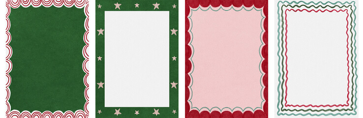 Festive Christmas frame template set in watercolor borders with scallops, stars, and wavy edges. Perfect for holiday invitations, greeting cards, posters, banner, signage, and stationery designs.