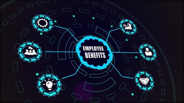 Digital network system displaying employee benefits, the essential compensation package for attracting, retaining, and supporting the corporate workforce.