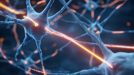 Detailed microscopic view of interconnected neurons with glowing orange electrical impulses traveling along their axons and dendrites representing neural pathways and brain activity - Powered by Adobe
