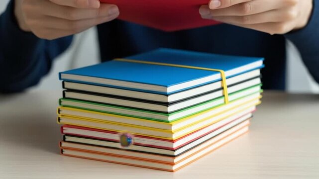 Hands arranging stack of colorful notebooks on desk