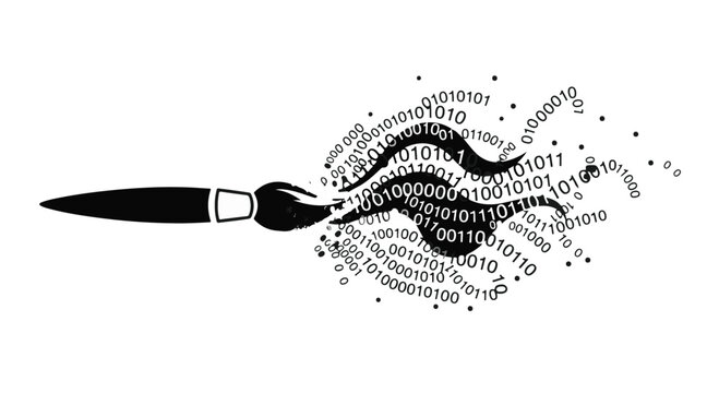 Digital art creation with a paintbrush creating binary code flowing outwards