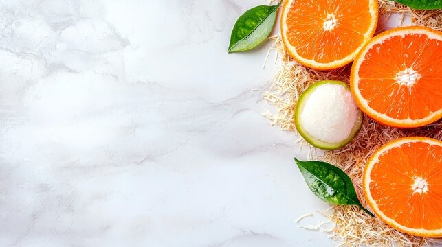 A vibrant arrangement of sliced oranges and a lime slice is presented on a textured marble surface, accented by straw and green leaves.
