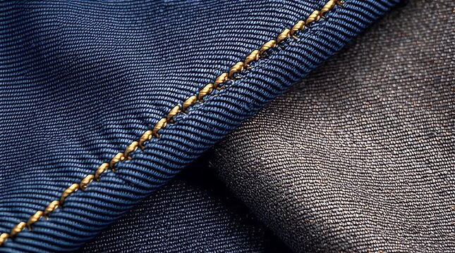Close-up of denim fabric, showing a contrasting gold-colored seam. Two sections of material are visible, one blue and one a darker gray color