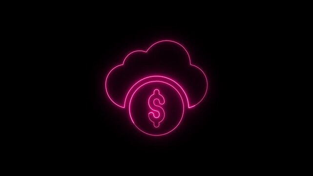 Cloud Computing Finance Icon in Neon Style animation on the black background.