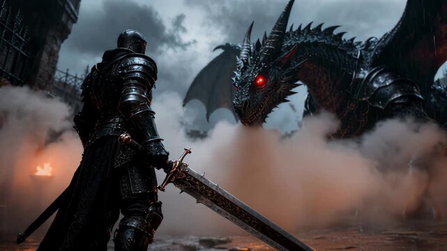 Dark armored knight confronting a fierce black dragon with glowing red eyes in a medieval castle courtyard