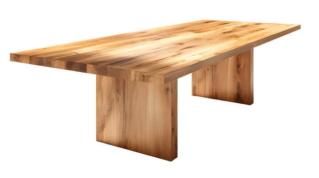 Photo-realistic modern wooden dining table, ultra-detailed texture, natural oak wood grain, sharp shadows, isolated on pure white background, hyper-realistic lighting