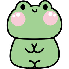 Cute green cartoon frog with pink cheeks and big black eyes on a transparent background