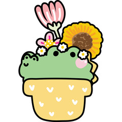 Cute Green Cartoon Crocodile Wearing A Sunflower And Pink Flower Crown In A Yellow Pot With White Heart Pattern Against Transparent Background And Soft Lighting