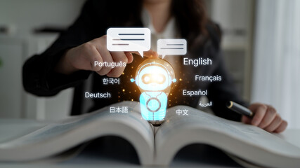 Global communication with multiple languages, digital translation tools, multilingual technology,...