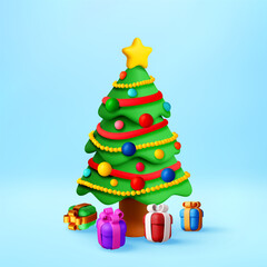 Decorative 3d christmas tree with gifts. Cute cartoon style. Ideal for holiday greeting card, invitation, banner. Vector illustration