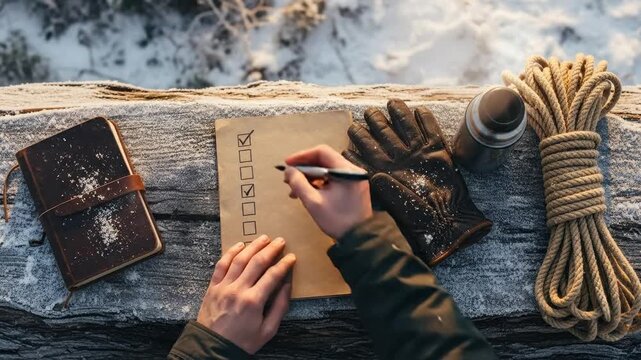 Person drawing sketch on paper with gloves and rope overhead composition