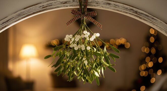 Traditional mistletoe bunch hanging under archway with soft bokeh lights