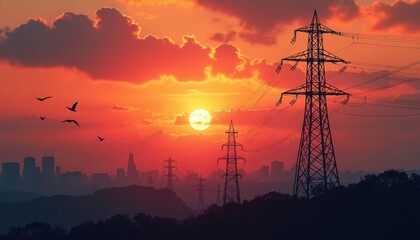 High voltage power towers stand in silhouette against a fiery sunset sky over a distant cityscape. Birds fly past the transmission lines as dusk settles. Power grid infrastructure in urban twilight.
