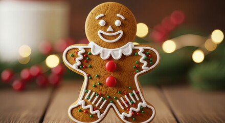 Obraz premium Smiling gingerbread man cookie with festive holiday decorations