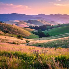 Rolling green hills dotted with trees, bathed in the warm light of a sunset. Soft pink and orange hues fill the sky