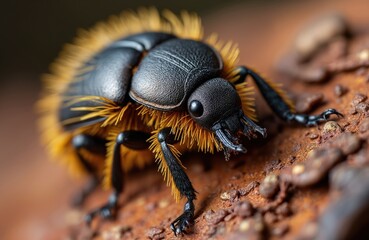Black with yellow fuzz on brown bark. Insect macro shot shows intricate details of legs and antennae. Small creature moves on textured tree surface.