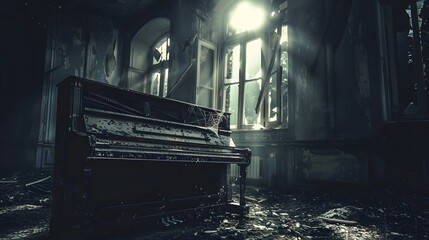 Atmospheric image of a battered old piano in a dark room with moonlight pouring in, casting long shadows across the keys and echoing years of silent melodies old abandoned house