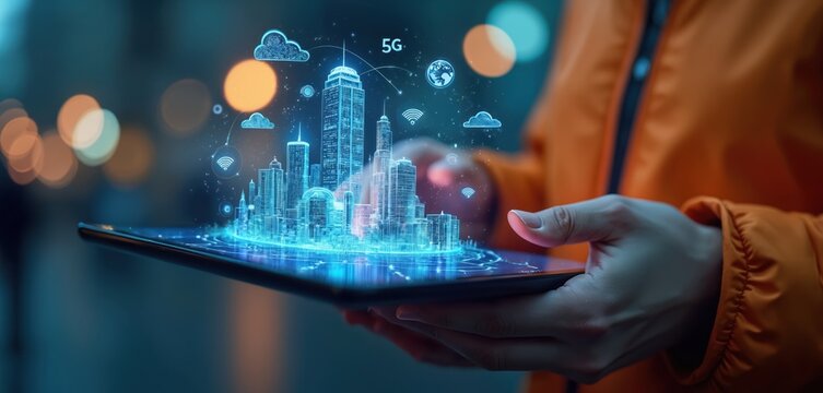 Person uses tablet showing glowing city hologram with 5G network signals. Digital transformation and smart city concept. Global connection and data flow illustration.