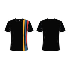 Black t shirt front and back view with colorful stripe detail