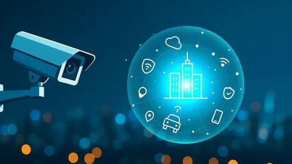 Dynamic security camera monitoring smart city infrastructure with network icons symbolizing connectivity, protection, and location services - Powered by Adobe