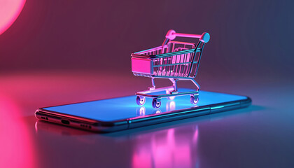 Neon shopping cart sits on glowing smartphone screen. Symbolizes online buying, digital retail, e-commerce app usage, and modern purchasing on mobile devices.