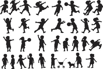 Silhouette children playing running walking vector illustration of happy kids with ball and toy isolated on white background design