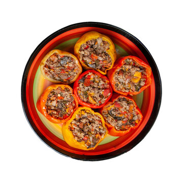 A top down view of deliciously stuffed bell peppers filled with a savory ground meat and vegetable mixture