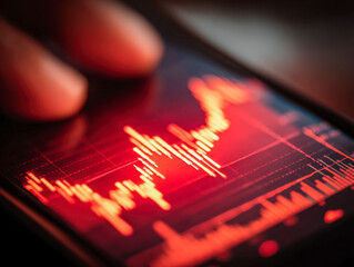 Finger touching smartphone screen displaying dynamic red financial market graph with rising and falling stock prices in digital trading analysis concept