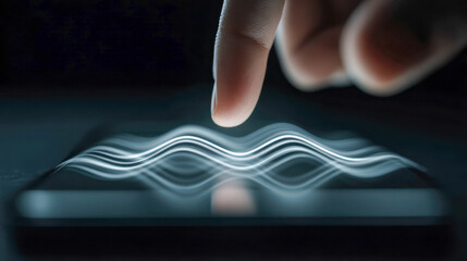 Finger interacting with futuristic smartphone display emitting glowing soundwave patterns in dark ambient setting representing advanced technology concept