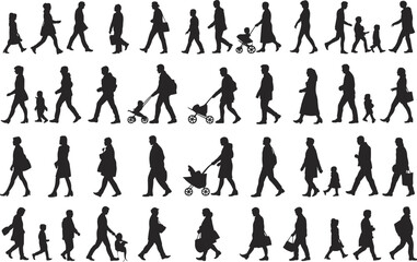 Silhouette people walking with children and baby strollers vector illustration of families parents and pedestrians isolated on white background design