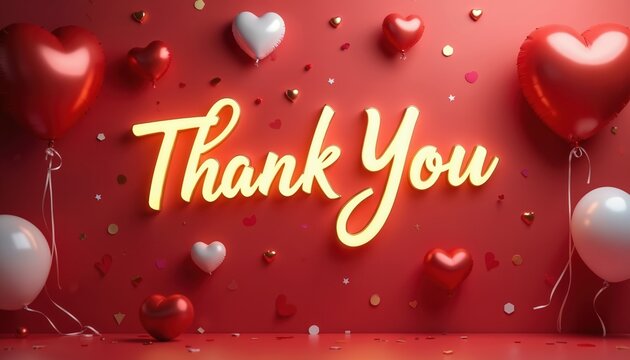 Neon Thank You sign glows above red heart balloons and confetti. Celebratory graphic for appreciation, holiday, or event decoration. Great for marketing, social media, and greetings.