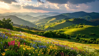 Rolling green hills dotted with wildflowers under a sunlit sky. Layers of mountains fade into the distance