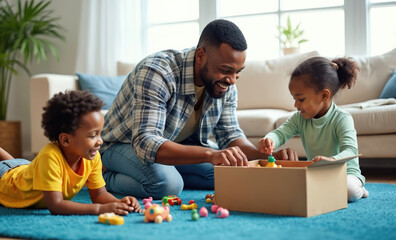 African dad with two small kids putting toys into cardboard box. Fatherhood concept. Family cleans up mess. Dad and kids playing together at home. Father helps daughter and son clean room.