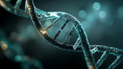 A visually striking double helix DNA strand, glowing with subtle blue and green light, against a dark, futuristic laboratory background, symbolizing genetics, research, and breakthroughs.