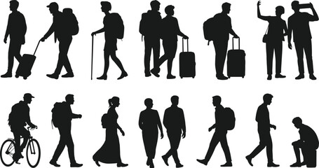 Silhouette travelers walking standing with luggage and backpacks vector illustration of people tourists travelers isolated on white background design