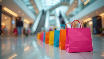 Colorful shopping bags line glossy floor in modern mall. Bright retail parcels wait. People walk, shop in blurred background. Consumerism, sales event. Vibrant colors show new purchases, gifts.