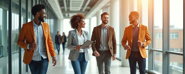 Happy diverse coworkers walk in modern office hallway. Young business team talks, smiles on way to meeting. Colleagues collaborate communicate about work project indoors. Professionals stroll through